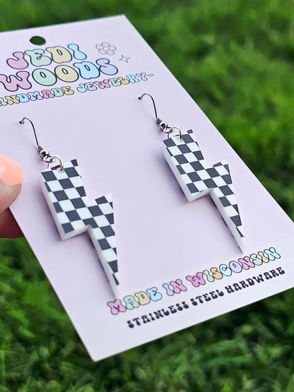 Checkered Flag Lightening Bolt Earring Dangles