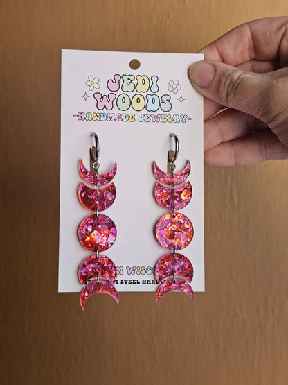 Pink Crackle Glass Moon Phase Earrings