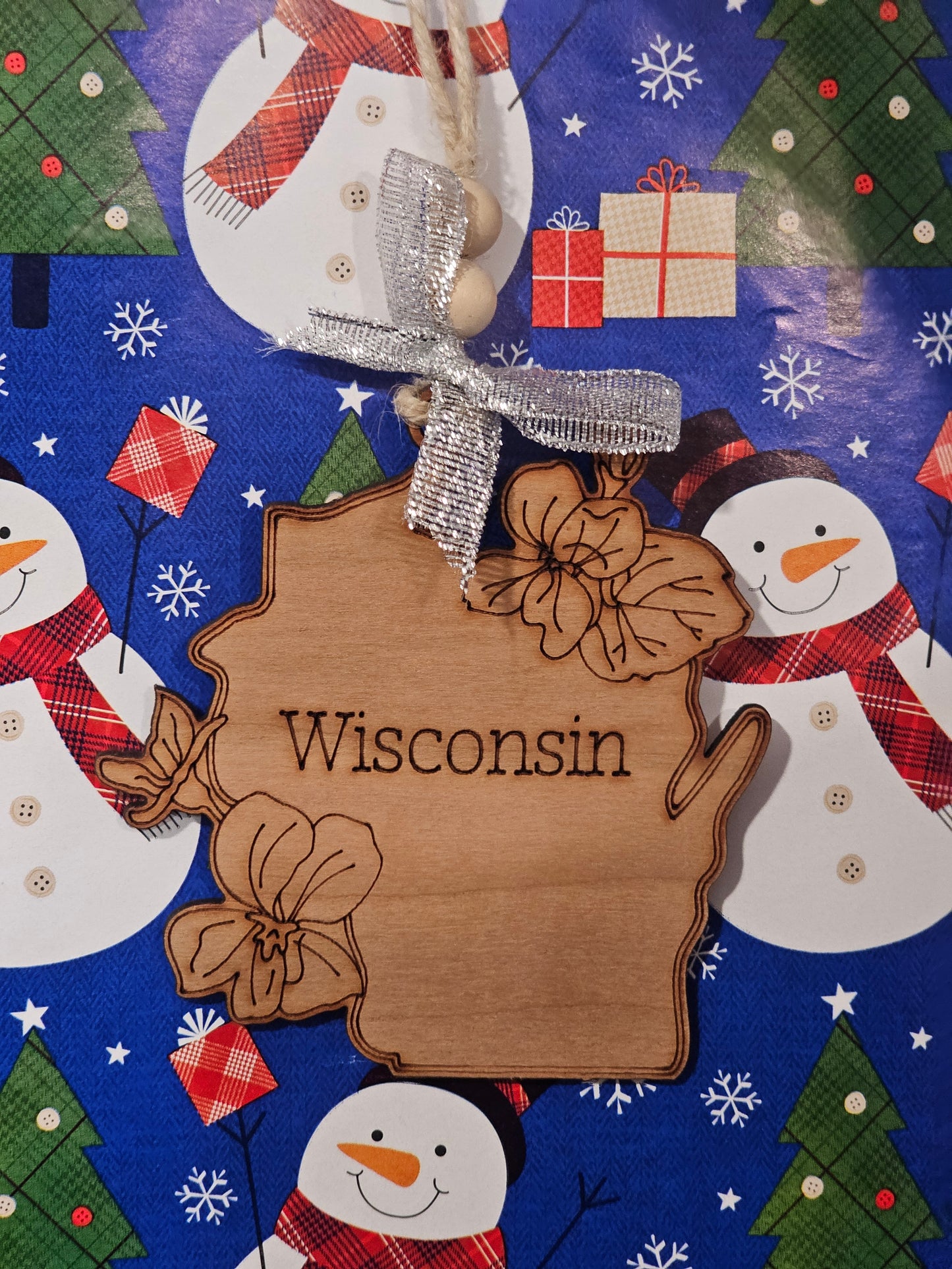 Floral Wisconsin - Cherry Wood Ornament / Car Charm