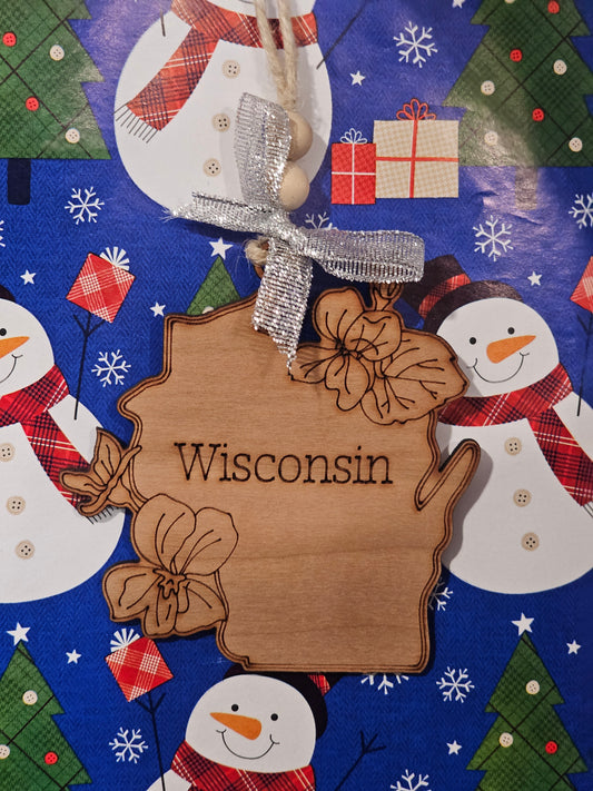 Floral Wisconsin - Cherry Wood Ornament / Car Charm