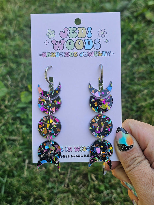 Black Rainbow Flake Moon Phase Earrings