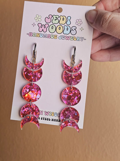 Pink Crackle Glass Moon Phase Earrings