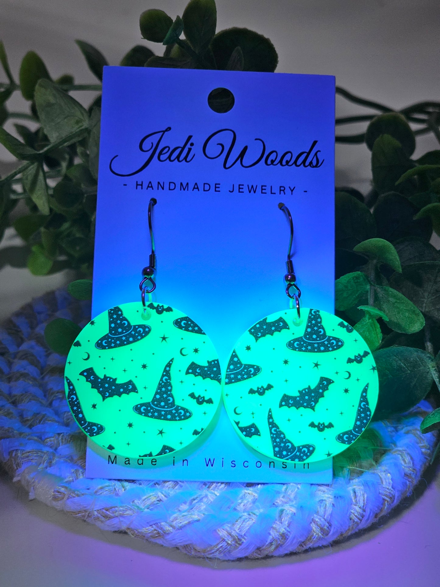 Electric Green Witch Hats and Bats Earrings