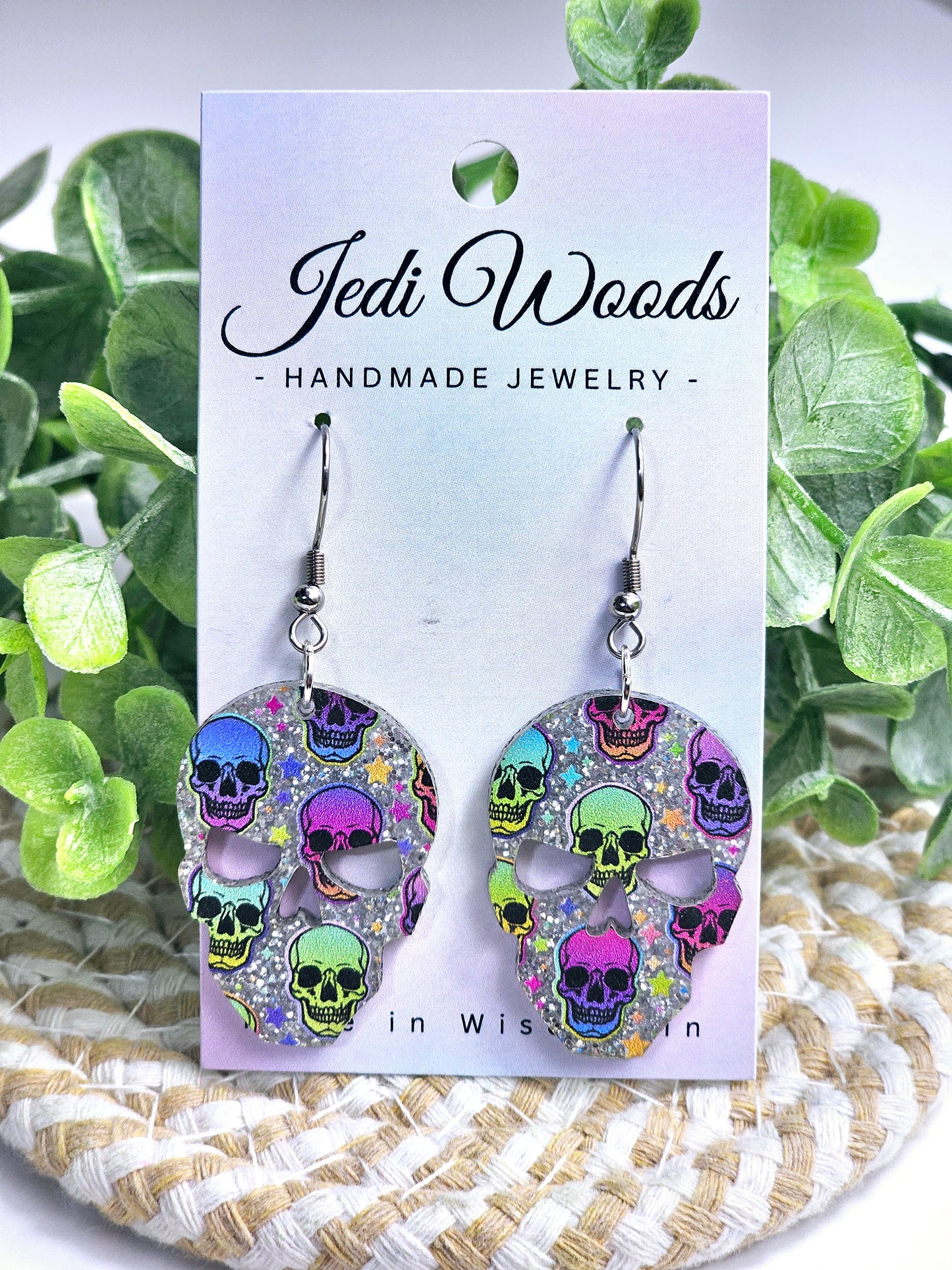 Rainbow Glitter Skull Earrings