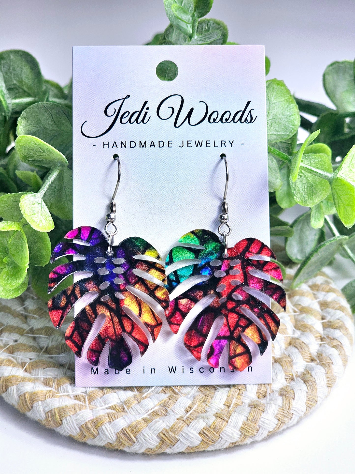 Stained Glass Rainbow Monstera Dangles