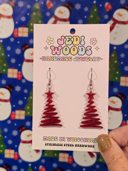 Metallic Red Squiggley Christmas Tree Earrings