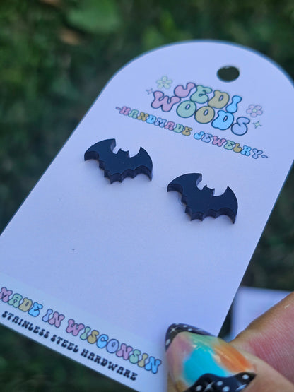 Shiny Black Bat Stud Earrings