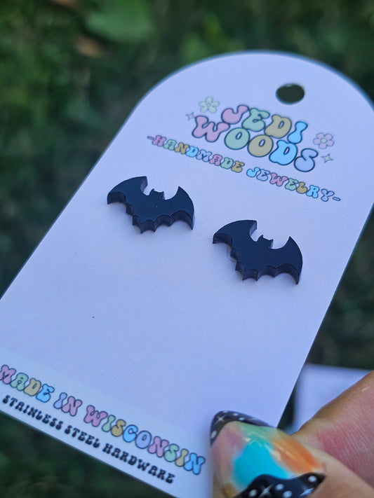 Shiny Black Bat Stud Earrings