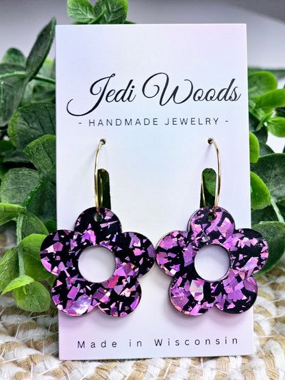 Pink and Black Glitter Flake Floral Earrings