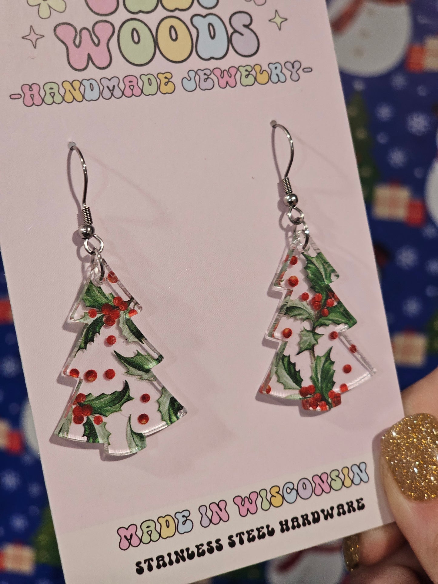 Holy and Berry Christmas Tree Earrings