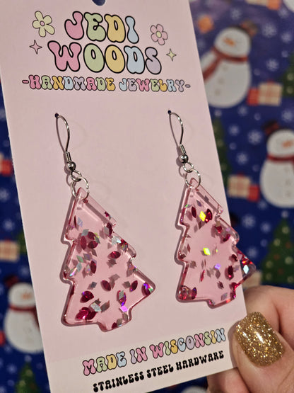 Pink Flake Christmas Tree Earrings