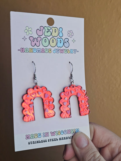 Red Mirror and Scattered Heart Arch Earrings