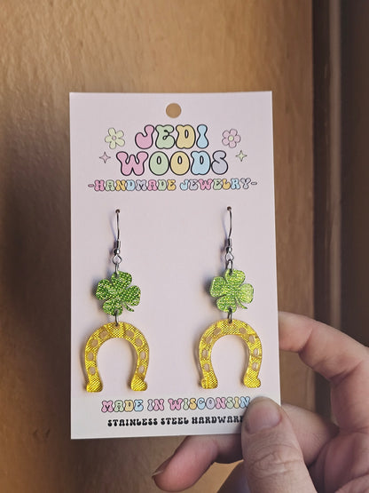 Horse Shoe and Shamrock Fabric Shimmer Earrings