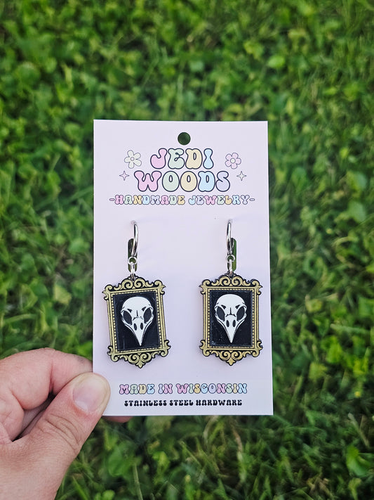 Raven Skull Specimen Frame Earrings