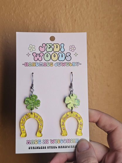 Horse Shoe and Shamrock Fabric Shimmer Earrings