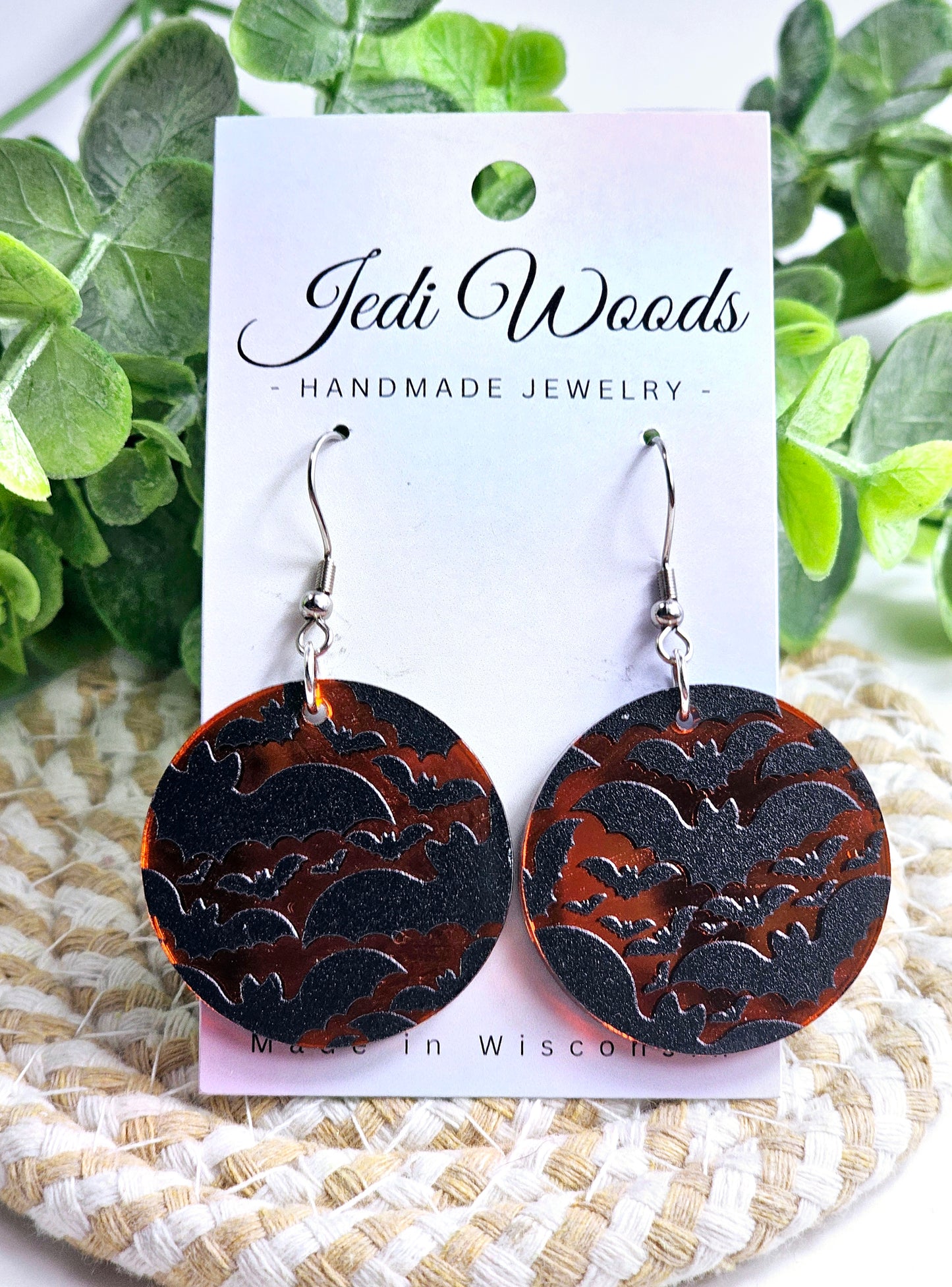 Orange Mirror Bat Medallion Earrings