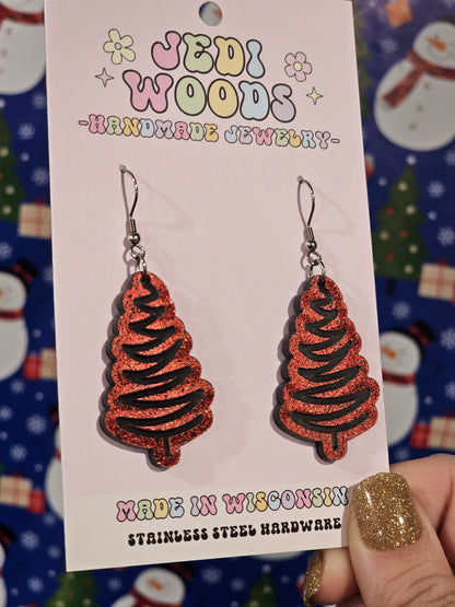 Red and Black Squiggle Tree Earrings