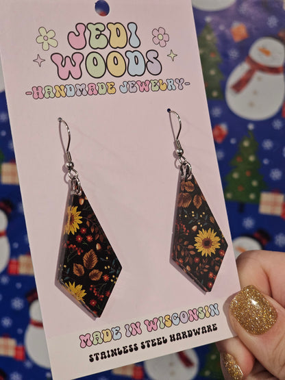 Seasons Changing Dark Floral Diamond Shaped Earrings