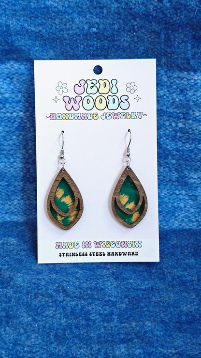 Green and Gold Teardrop Earrings