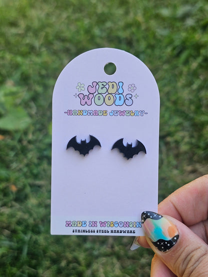 Shiny Black Bat Stud Earrings
