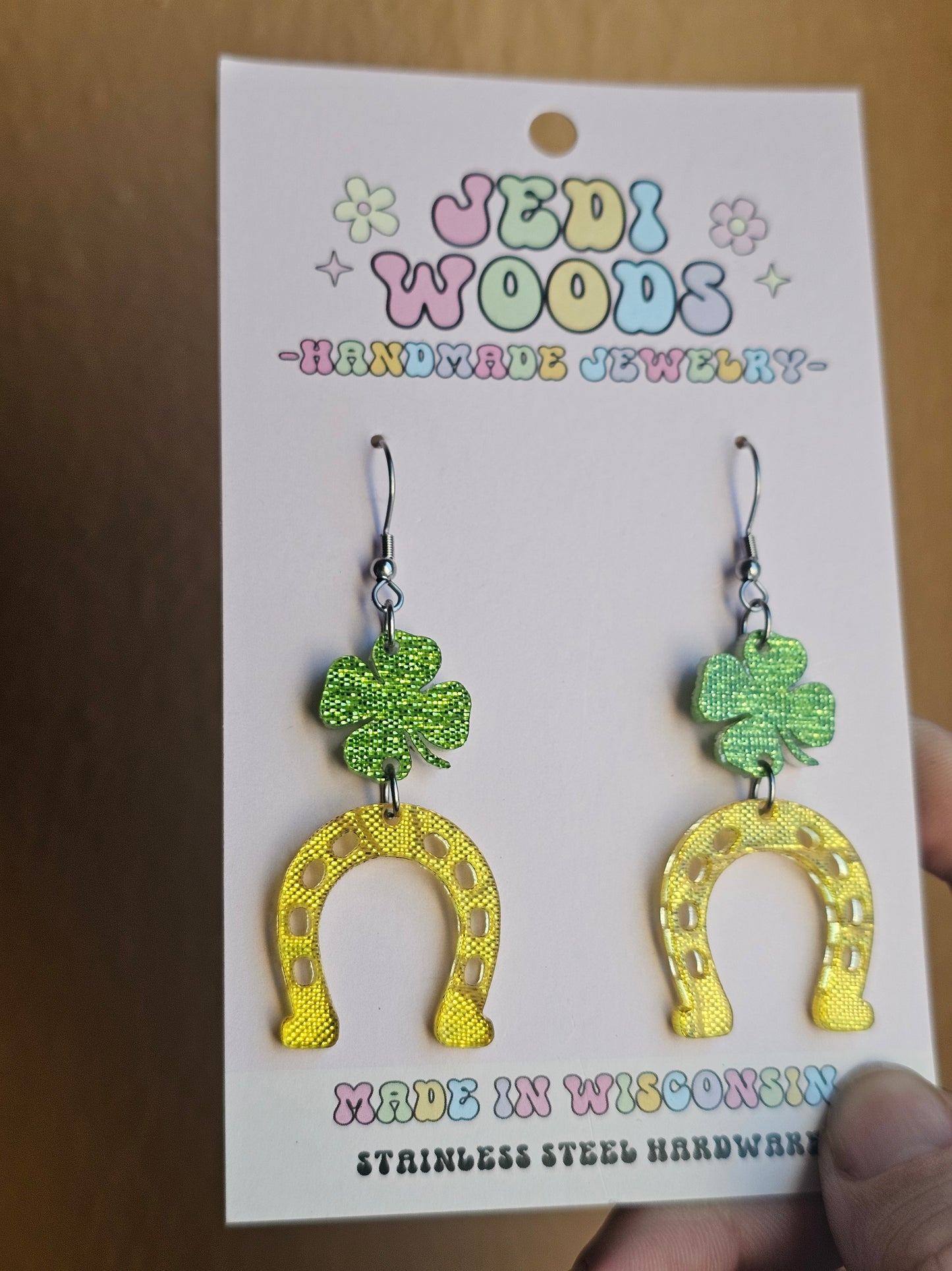 Horse Shoe and Shamrock Fabric Shimmer Earrings