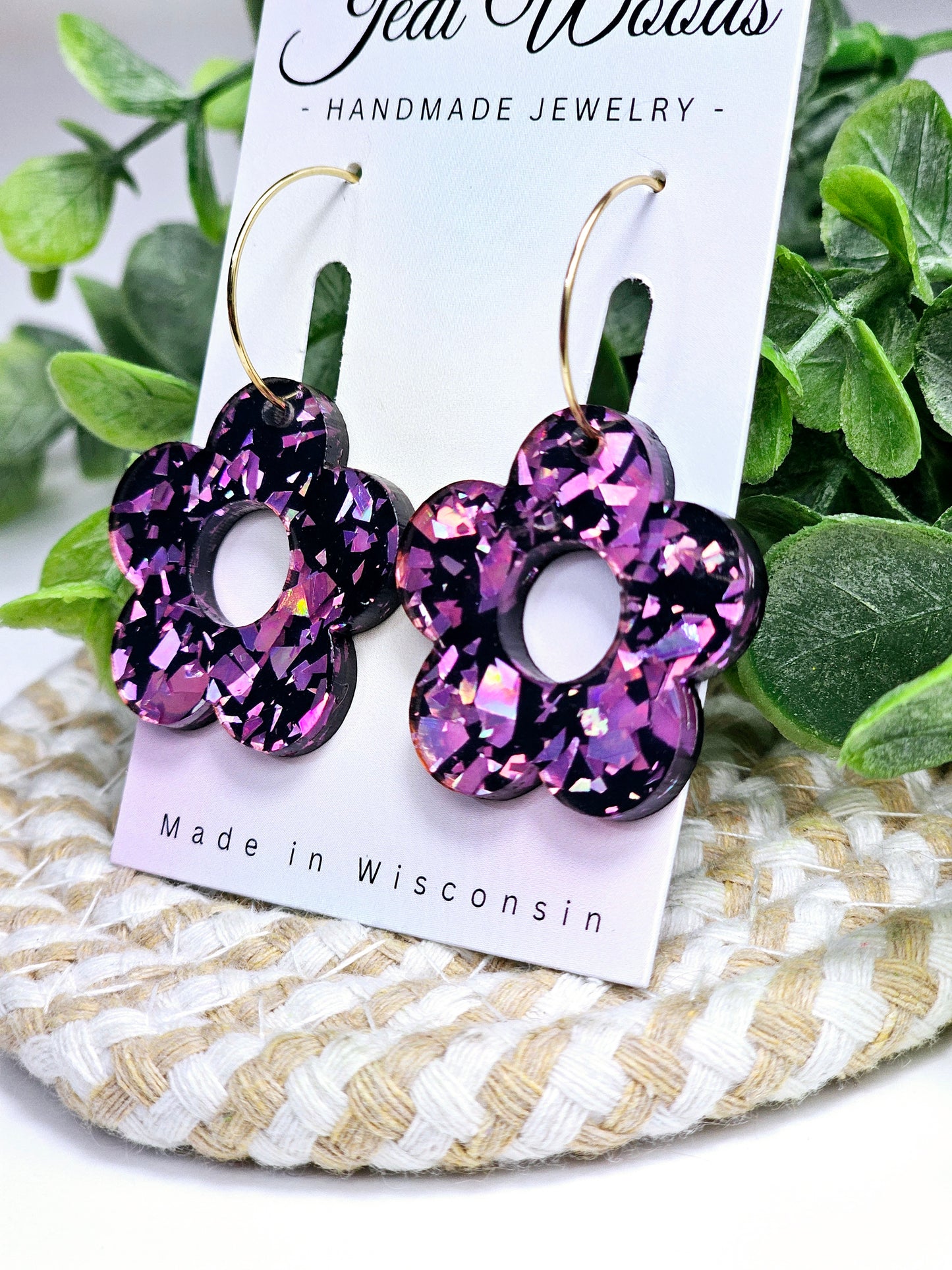 Pink and Black Glitter Flake Floral Earrings