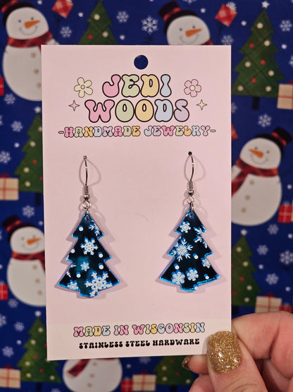 Sky Blue Mirror Snowflake Christmas Tree Earrings