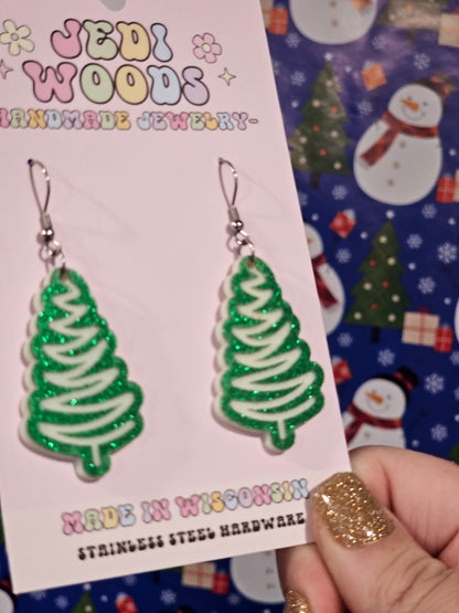 Green and White Squiggle Tree Earrings