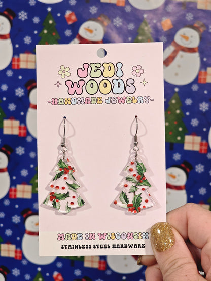 Holy and Berry Christmas Tree Earrings