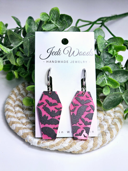 Pink Bat Coffin Earrings