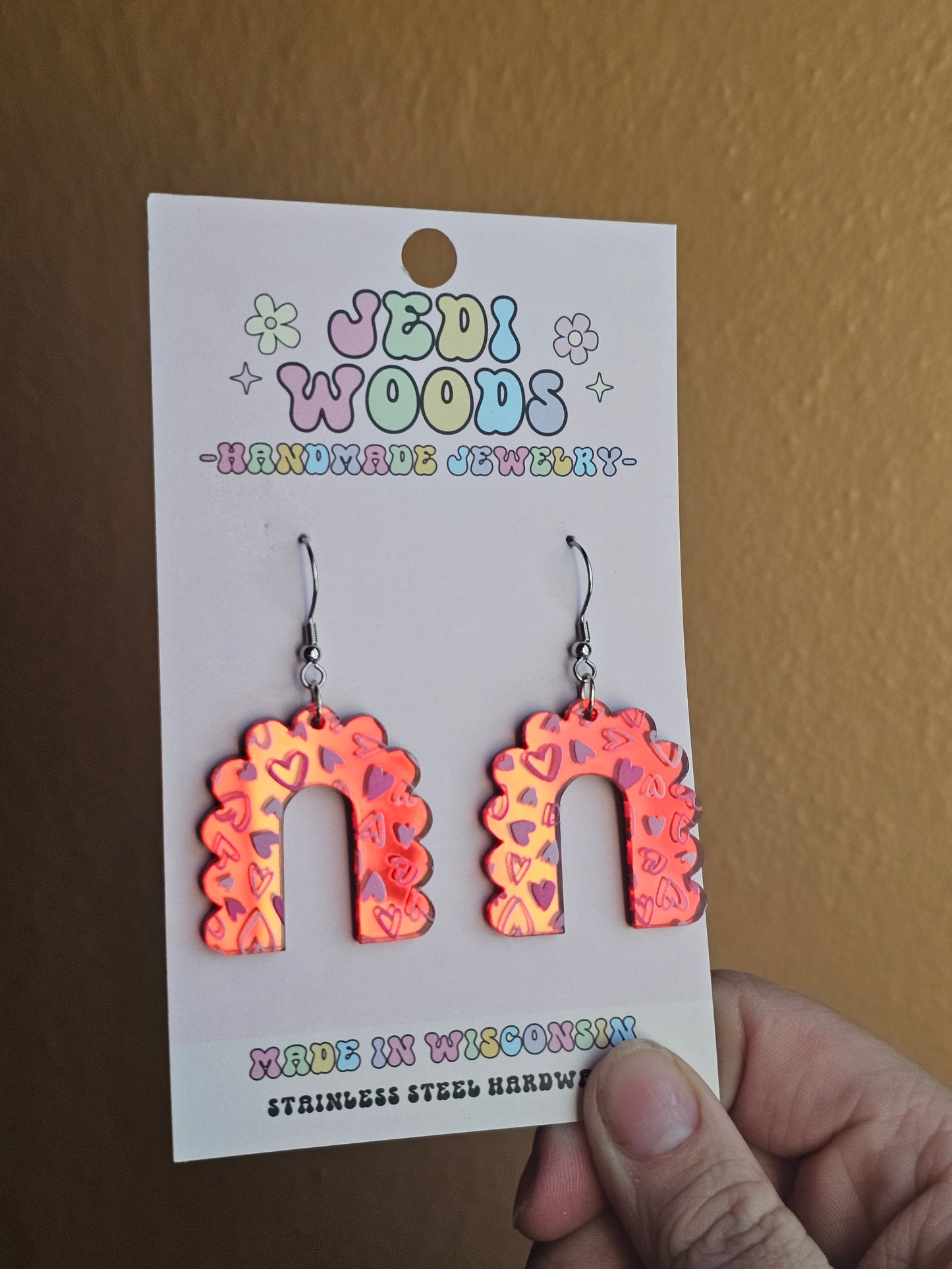 Red Mirror and Scattered Heart Arch Earrings