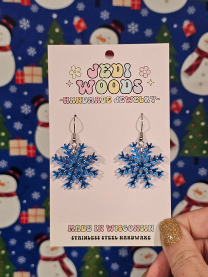 Blue Mirror Snowflake Dangles
