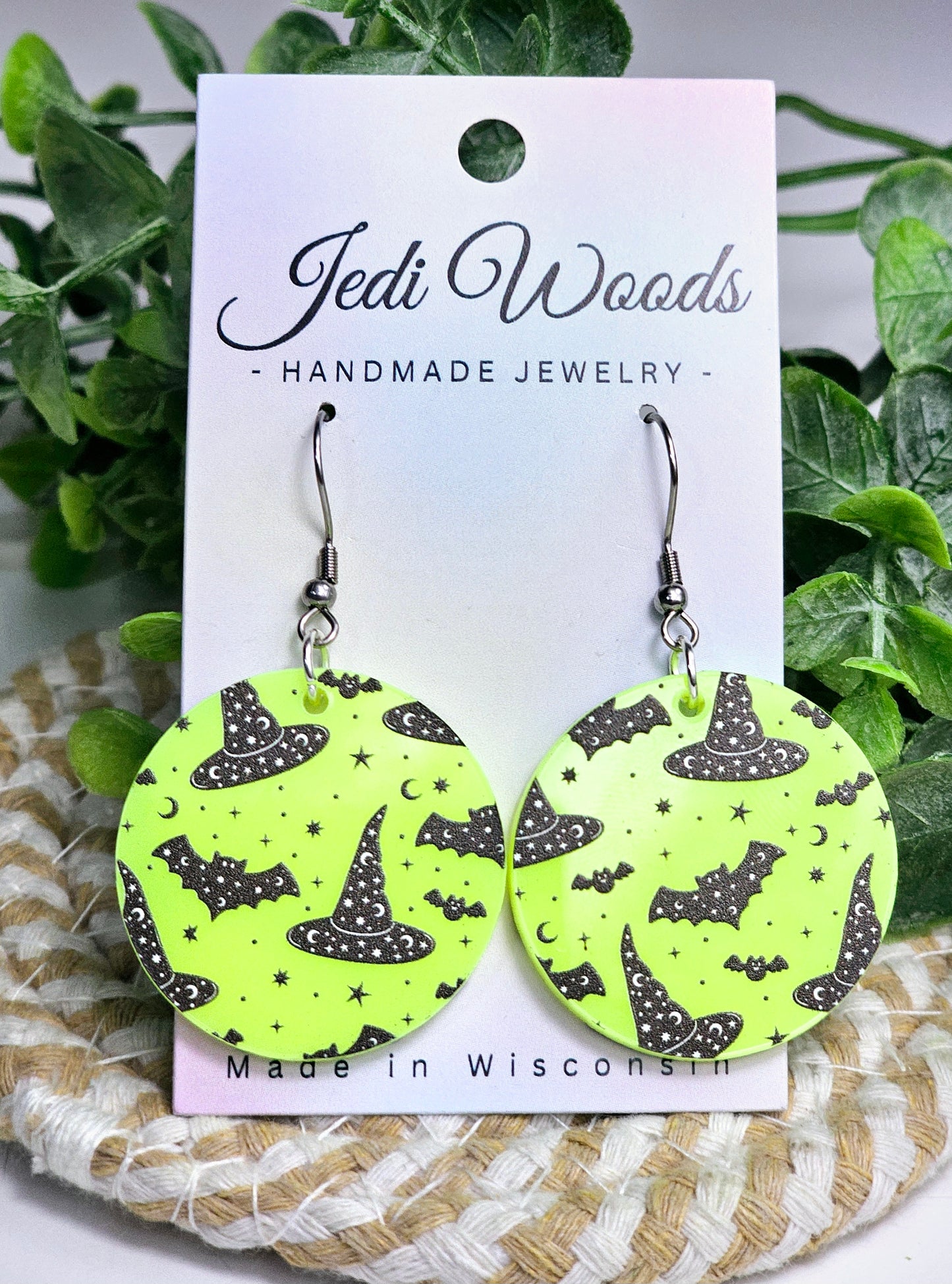 Electric Green Witch Hats and Bats Earrings