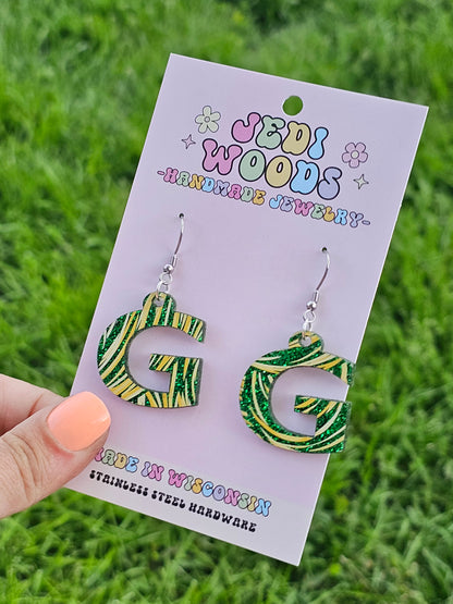 Green and Gold 'G' Earrings