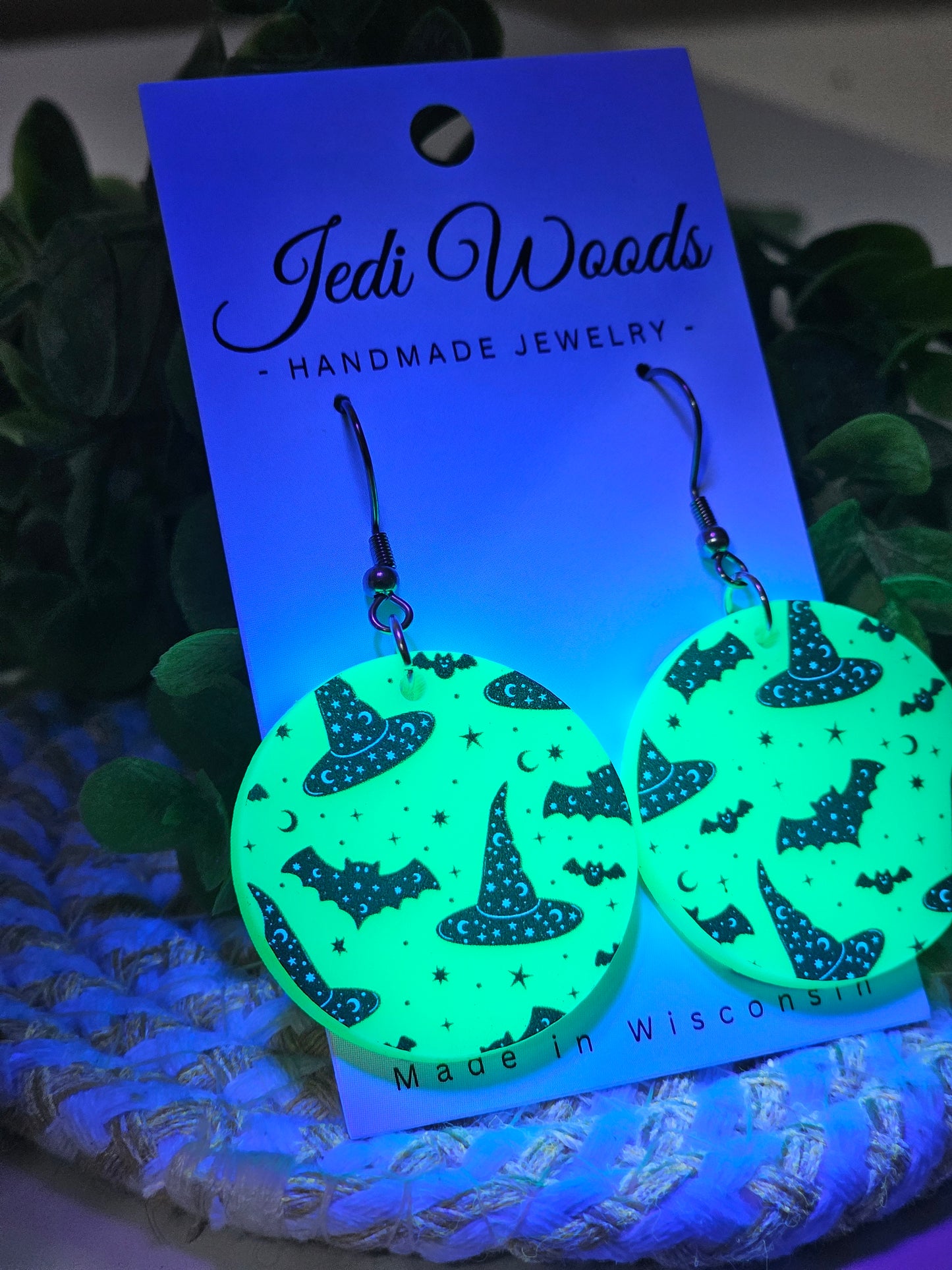 Electric Green Witch Hats and Bats Earrings