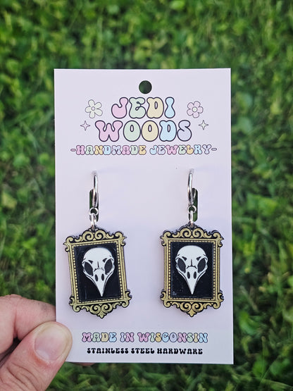 Raven Skull Specimen Frame Earrings