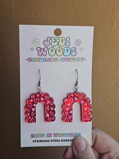 Red Mirror and Scattered Heart Arch Earrings