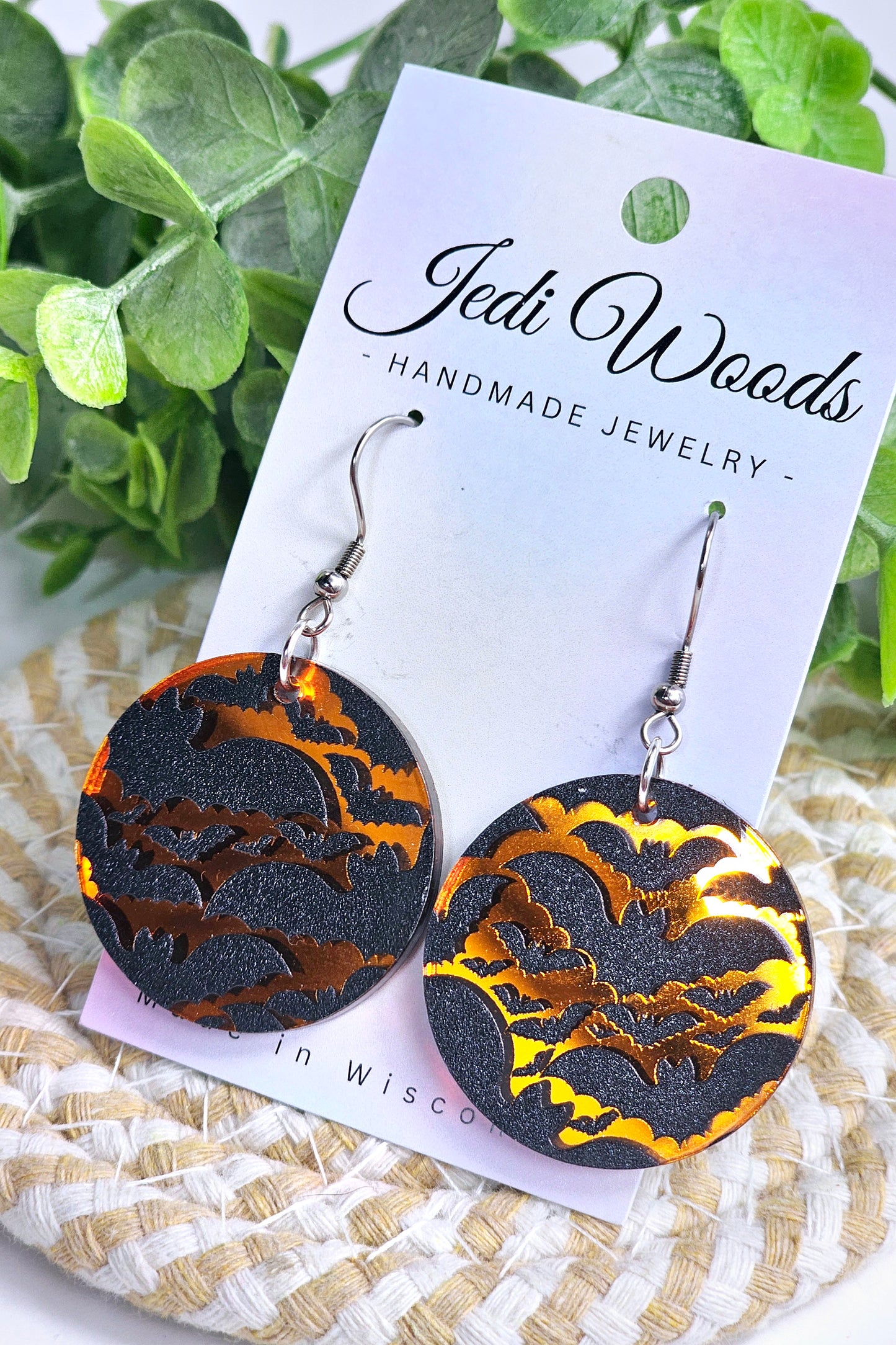 Orange Mirror Bat Medallion Earrings