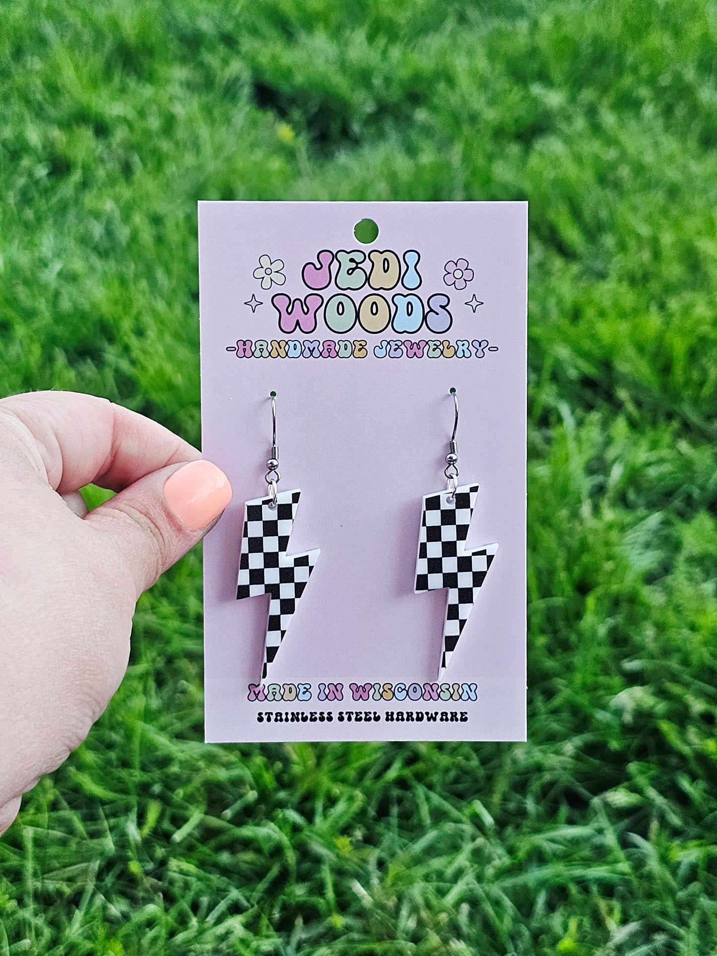 Checkered Flag Lightening Bolt Earring Dangles