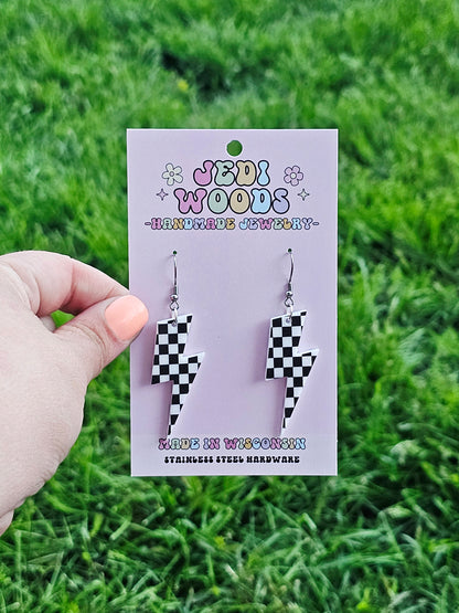 Checkered Flag Lightening Bolt Earring Dangles
