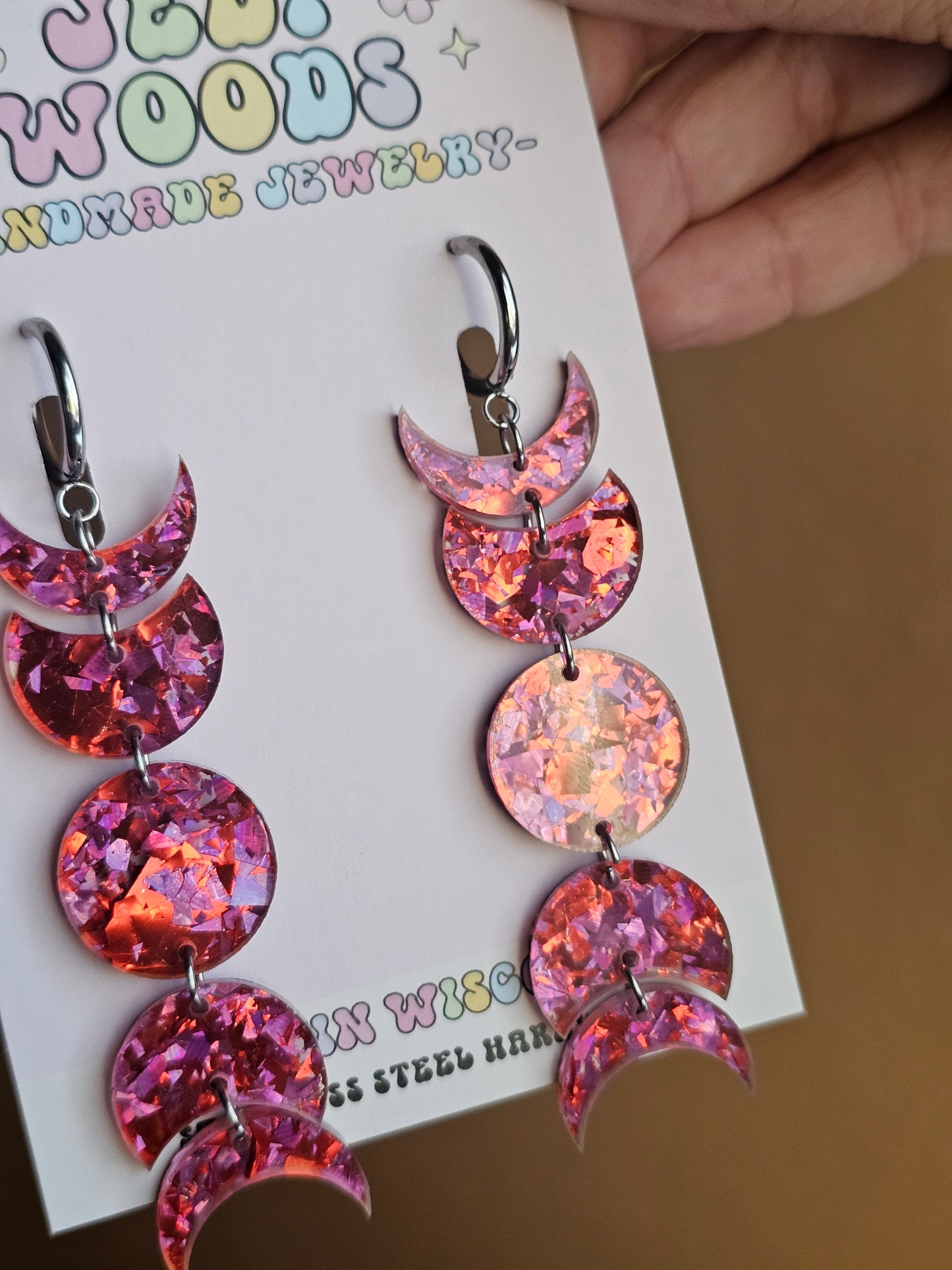 Pink Crackle Glass Moon Phase Earrings