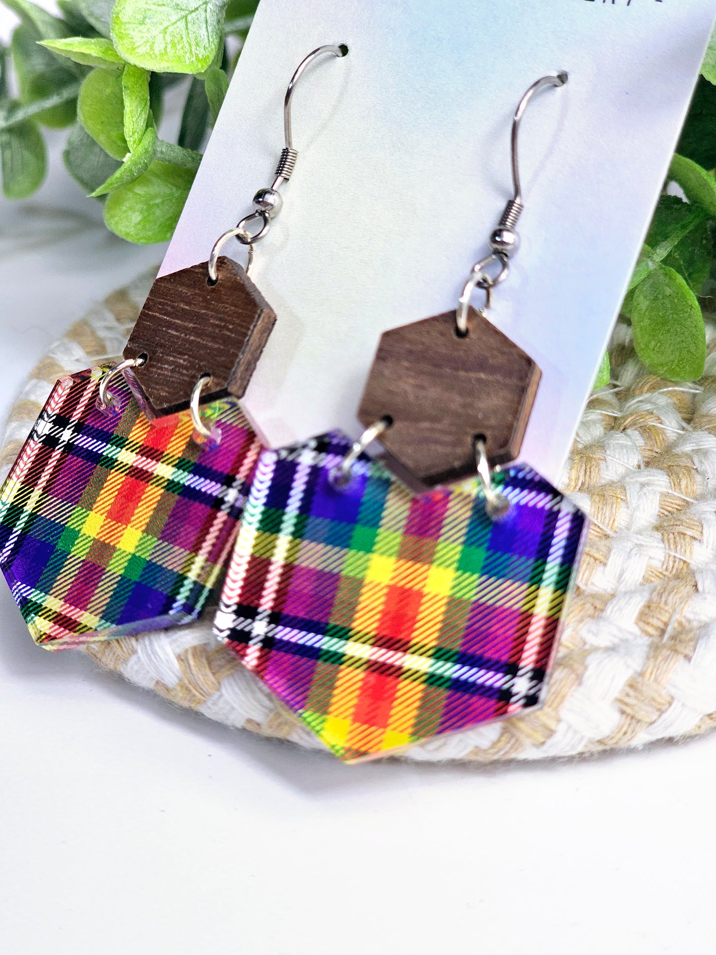 Rainbow Plaid Statement Dangles