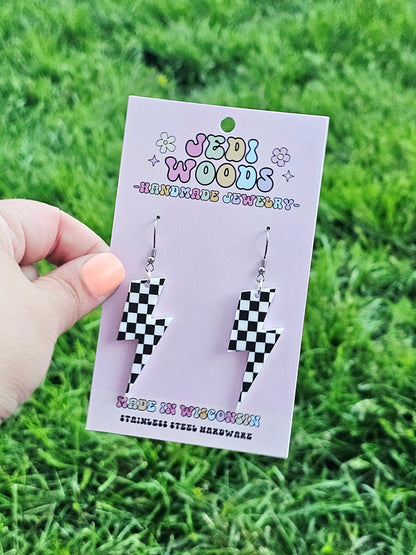 Checkered Flag Lightening Bolt Earring Dangles