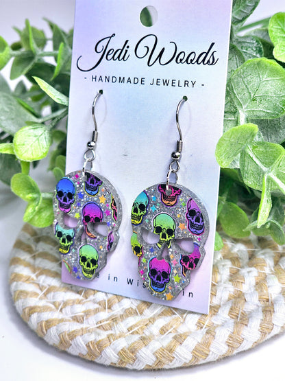 Rainbow Glitter Skull Earrings