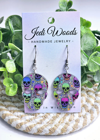 Rainbow Glitter Skull Earrings