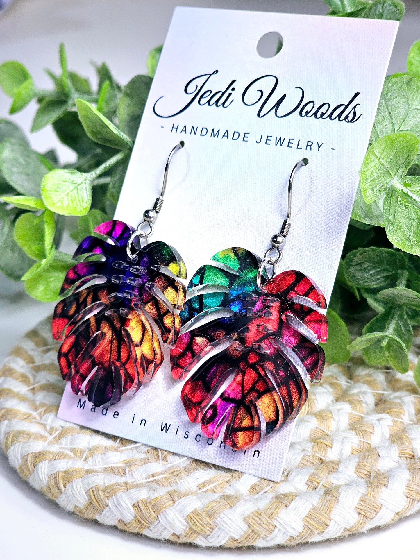 Stained Glass Rainbow Monstera Dangles