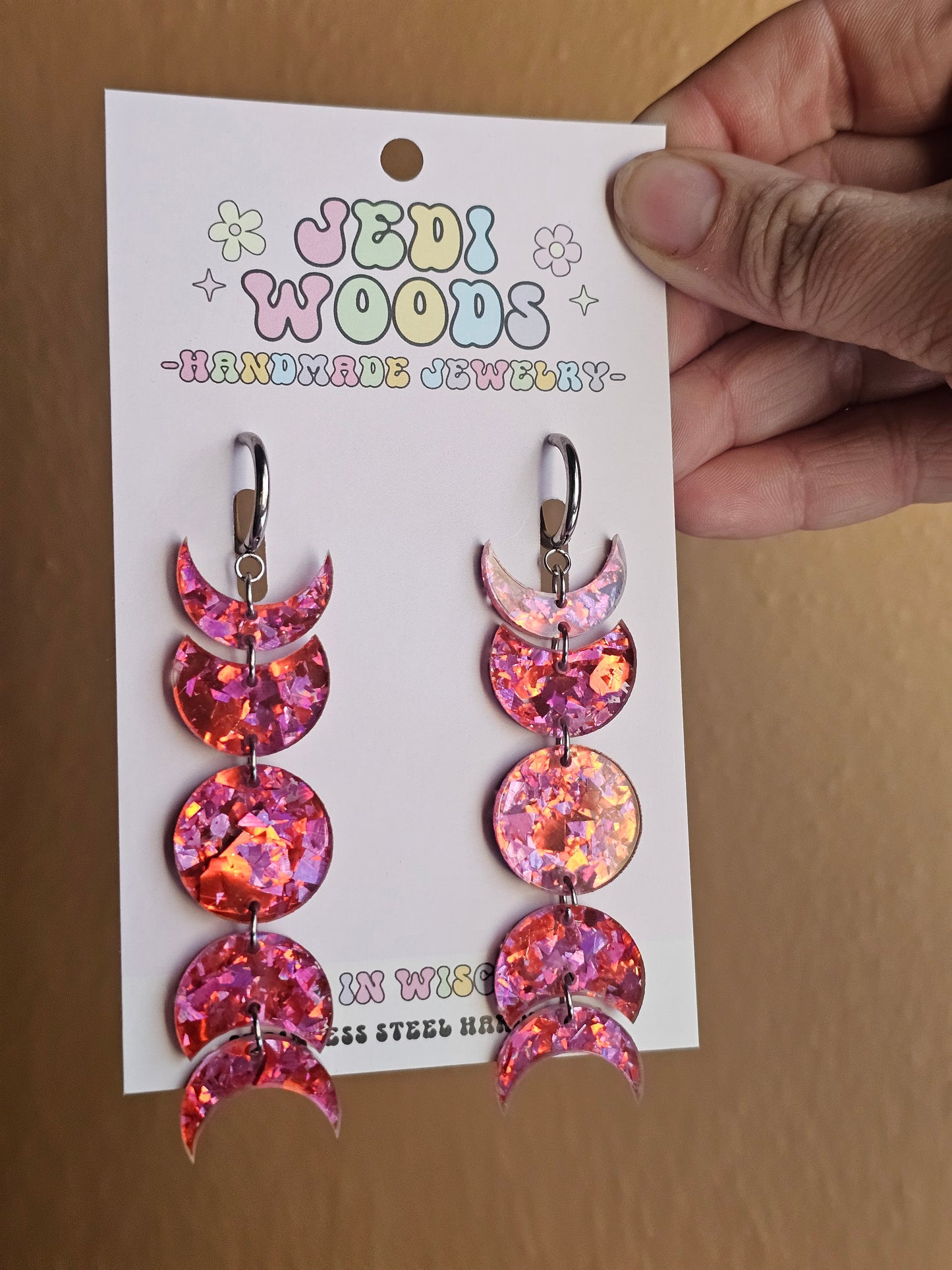 Pink Crackle Glass Moon Phase Earrings