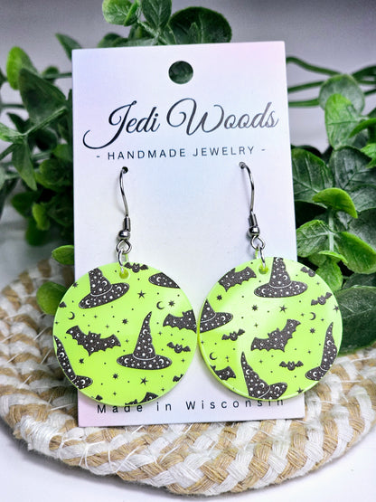 Electric Green Witch Hats and Bats Earrings