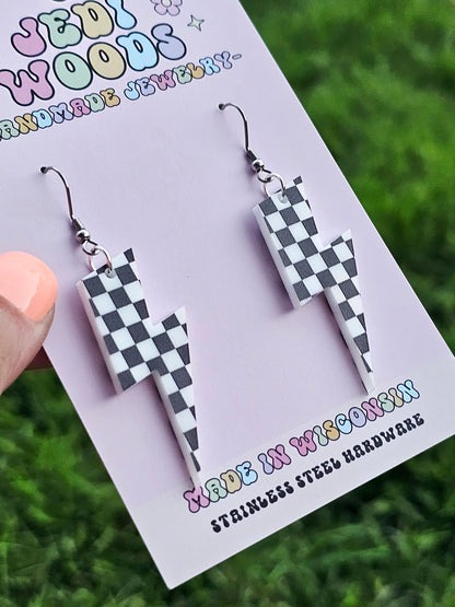 Checkered Flag Lightening Bolt Earring Dangles
