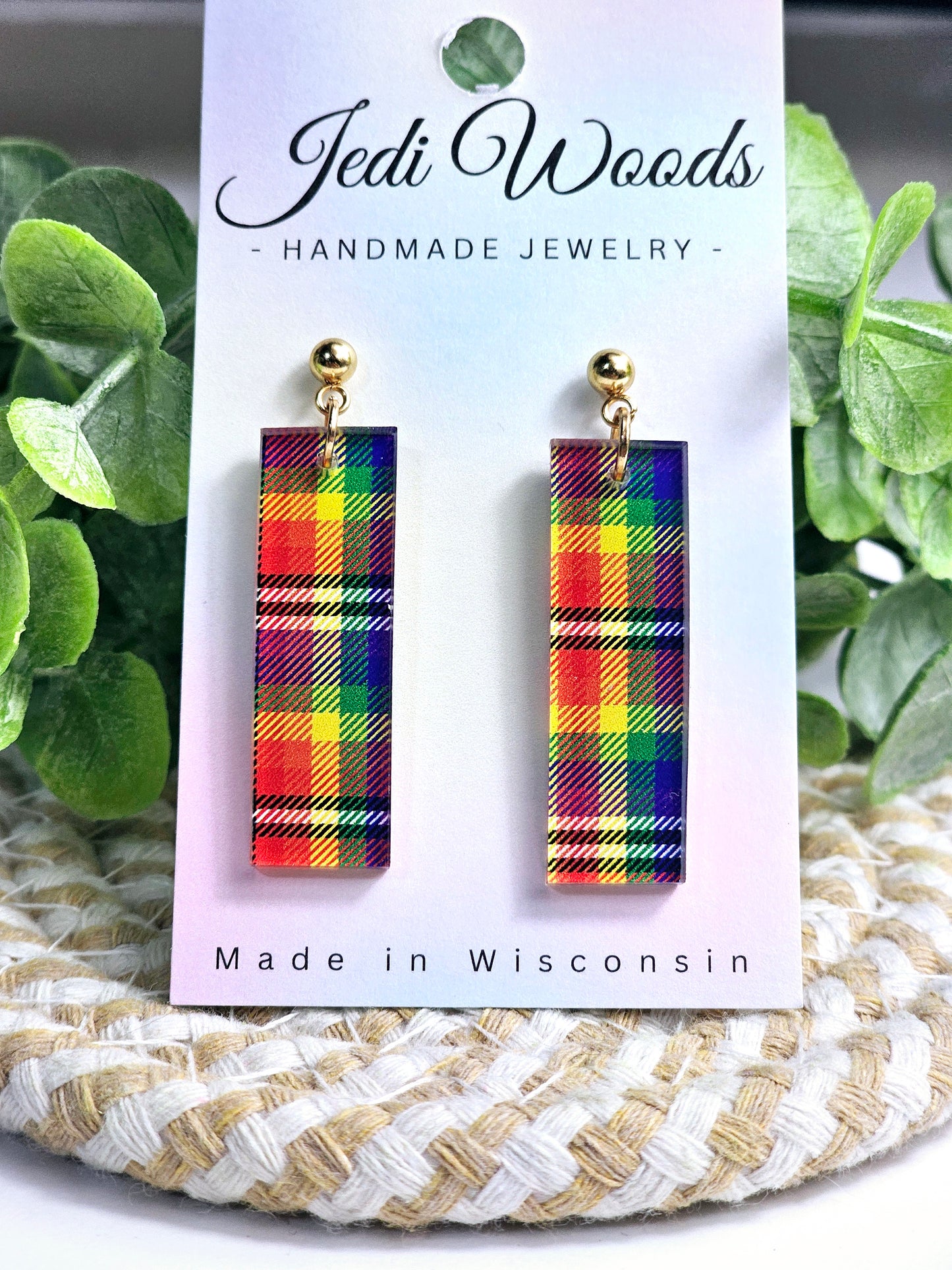 Rainbow Plaid Bar Dangles